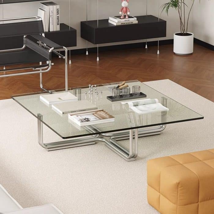 square glass coffee table in living room